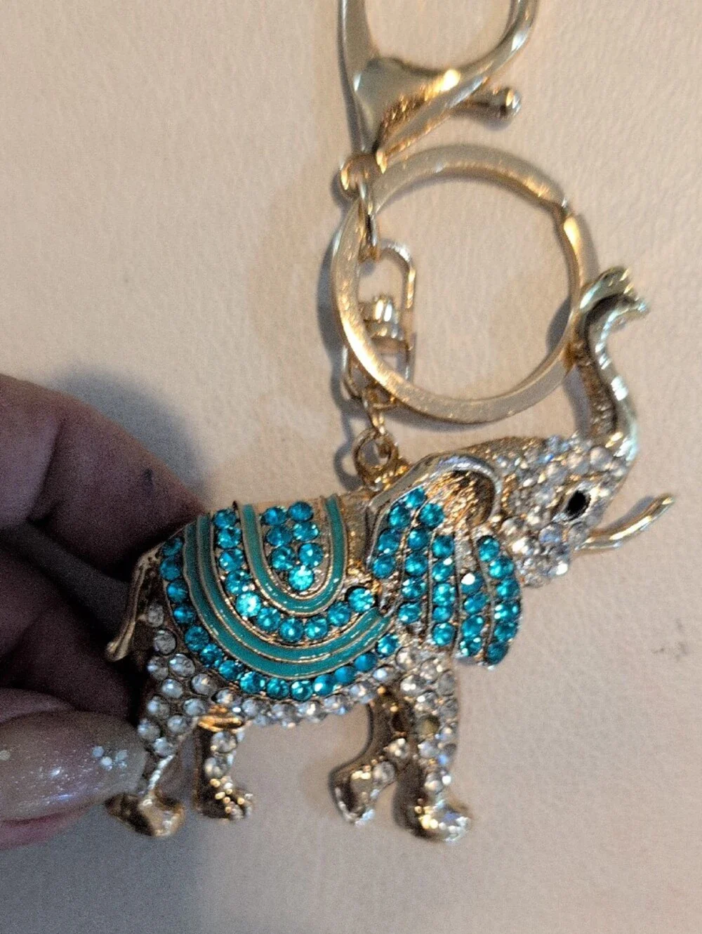 Gold Elephant Keychain with Turquoise Crystals - Women Accessories